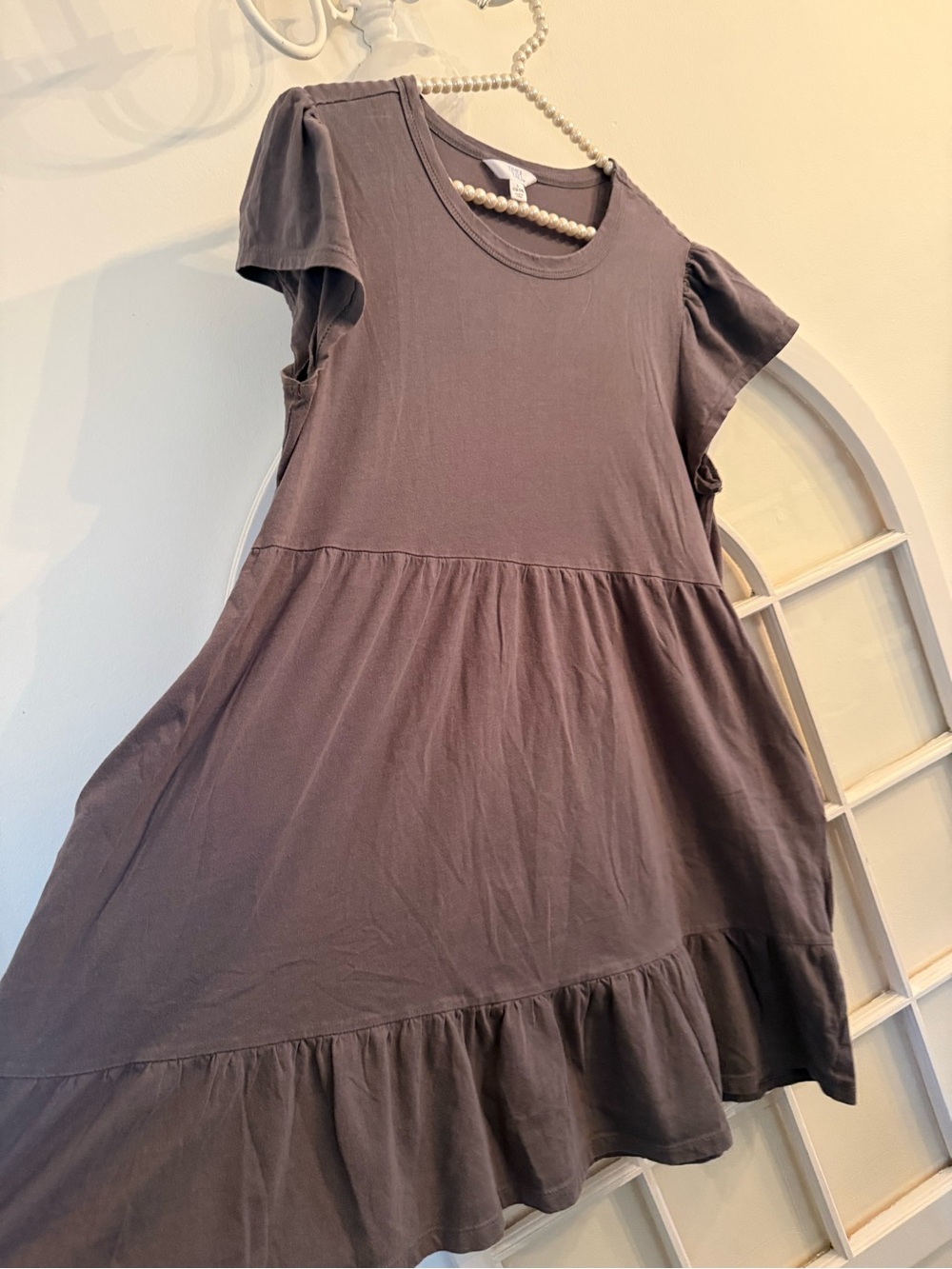 Women’s Babydoll Boho tiered mini dress gray flutter sleeve with flared hem L